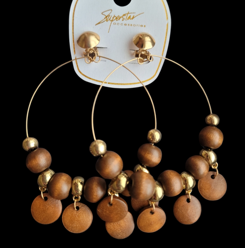 Wooden Earrings With Golden Beads Hoop